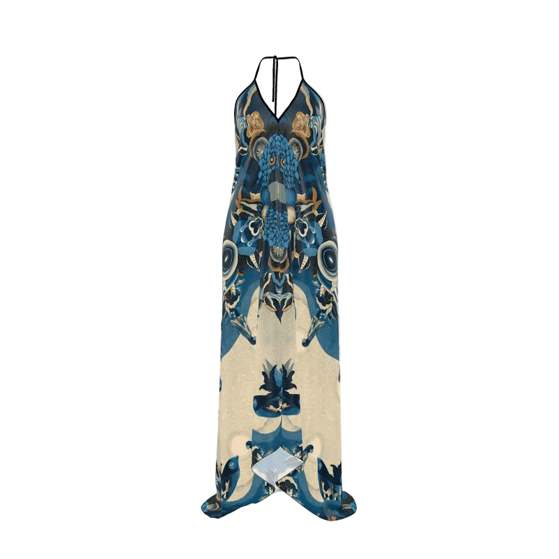 MV Couture Maßgefertigtes rückenfreies Neckholder-Kleid aus reiner Seide - Wearable Art