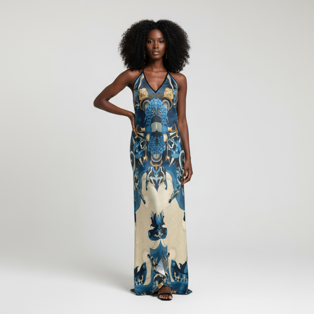 MV Couture Maßgefertigtes rückenfreies Neckholder-Kleid aus reiner Seide - Wearable Art