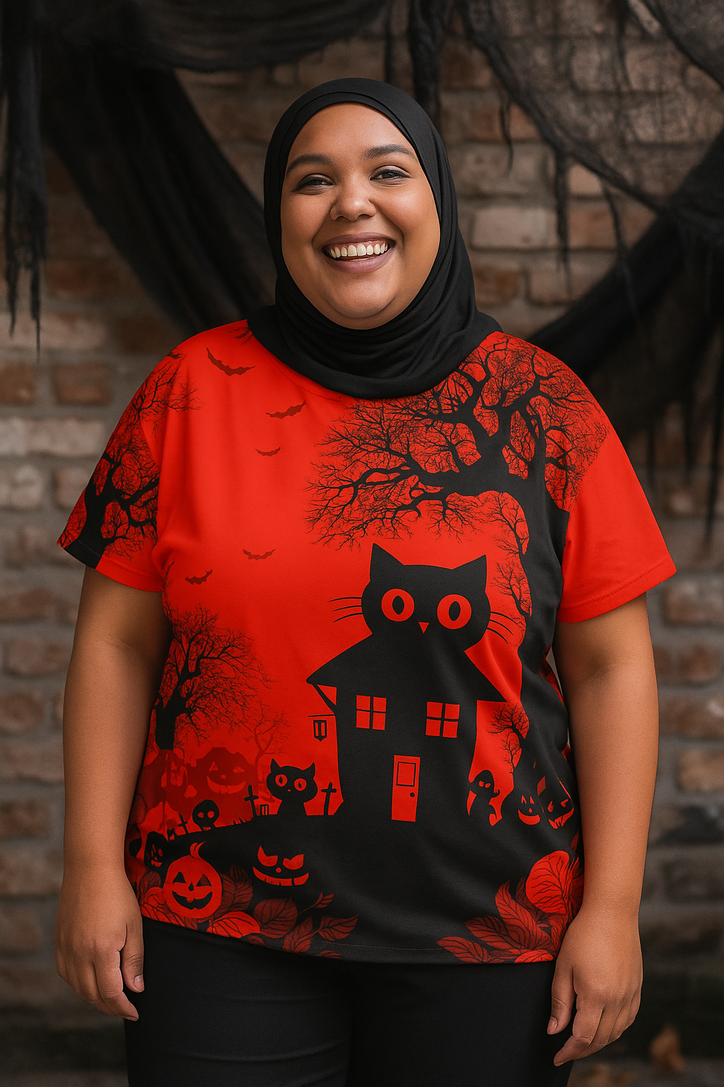 Maison Verne Halloween Ltd. Edition Plus Size Damen Shirt "Midnight Cats" - 🎃👻 Wicked Elegance No. 55 👻🎃