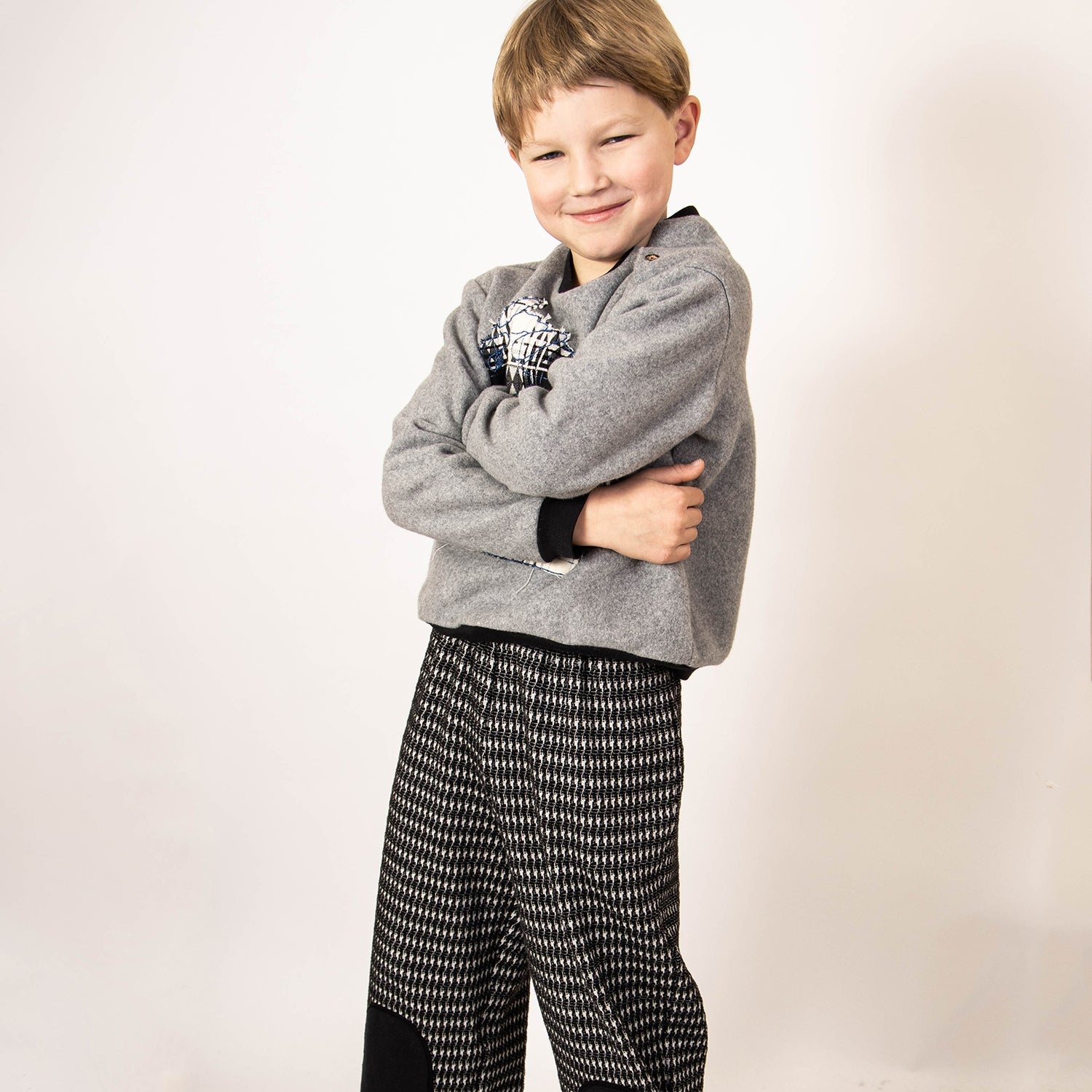 Black and White pied de poule Kids Pants with Knee Patches