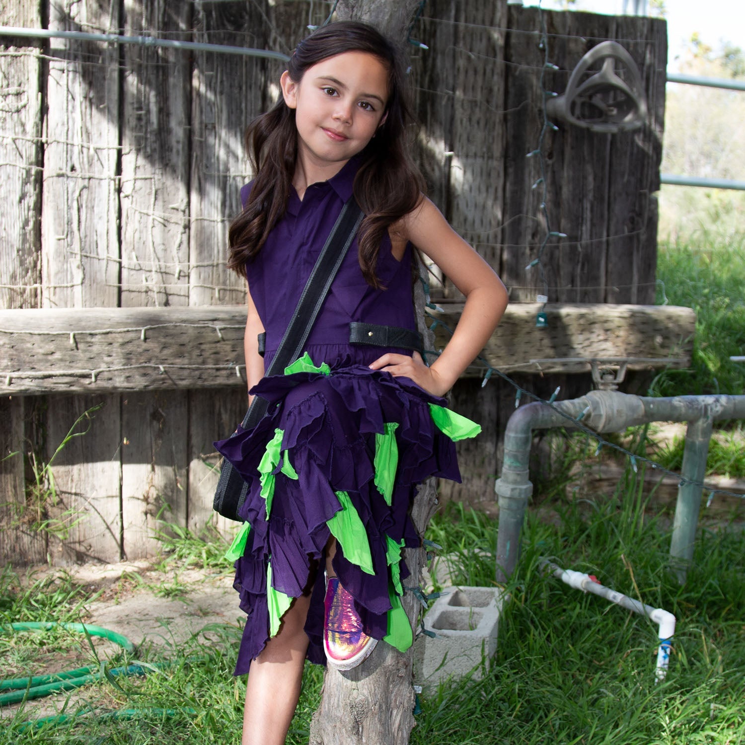 Girls Purple Shirt Dress with Green Ruffles